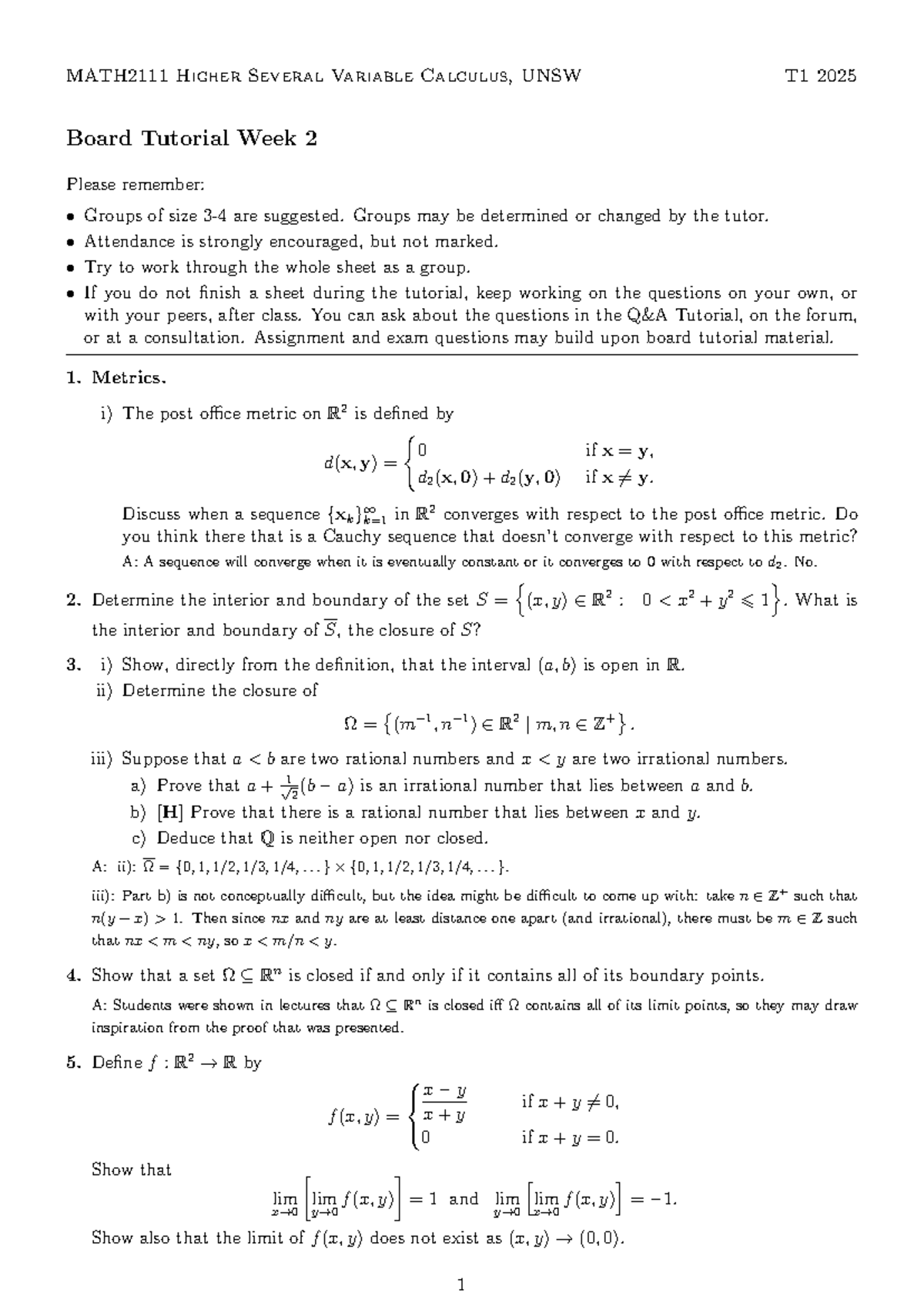 Higher Several Variable Calculus, UNSW T1 2025 Board Tutorial 2 Answers ...