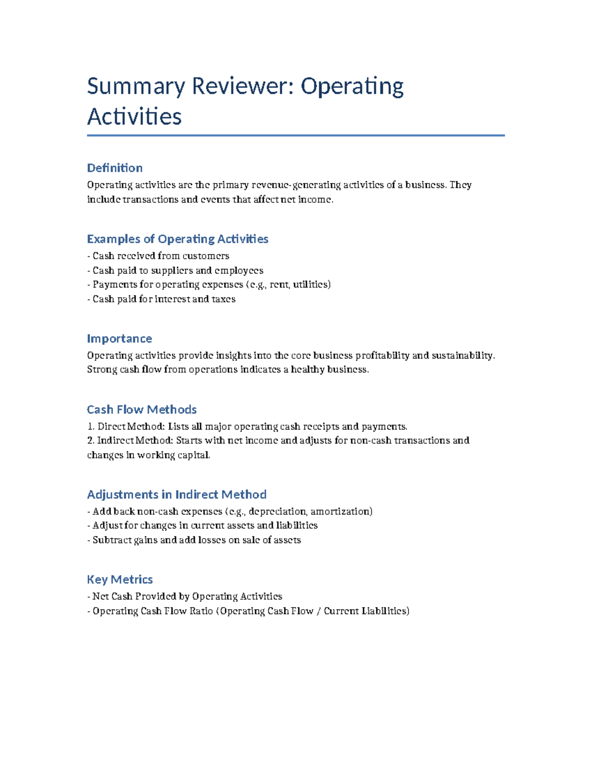 Operating Activities Summary and Cash Flow Analysis - Studocu