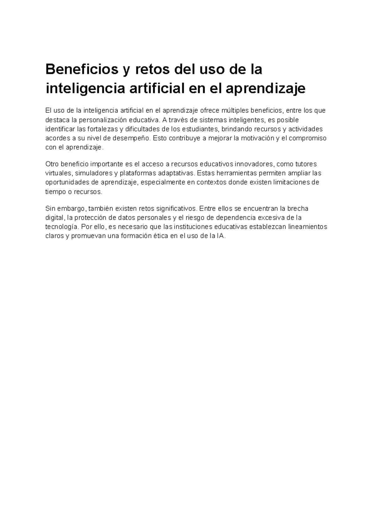 Beneficios y Retos de la IA en el Aprendizaje: Un Análisis - Studocu
