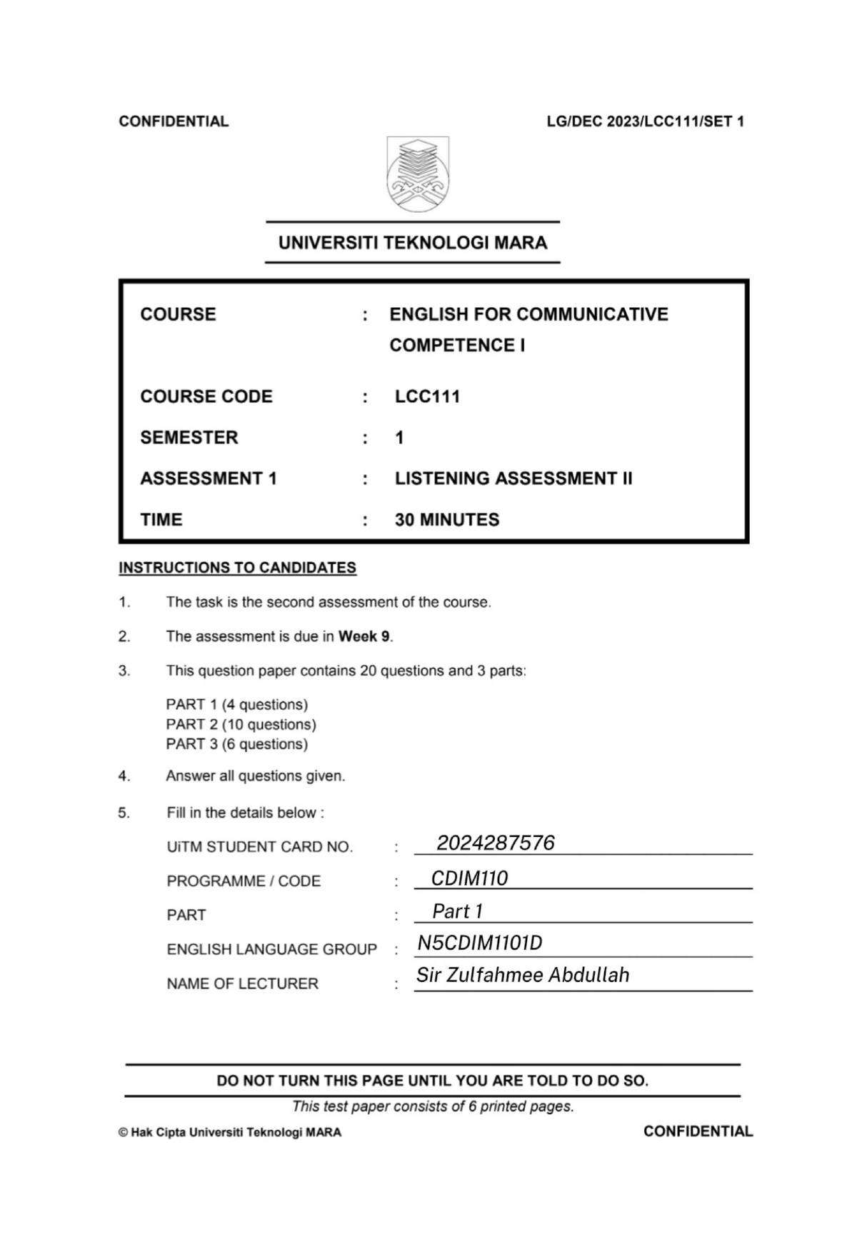 LCC - nah - CONFIDENTIAL 1 UNIVERSITI TEKNOLOGI MARA COURSE : ENGLISH ...
