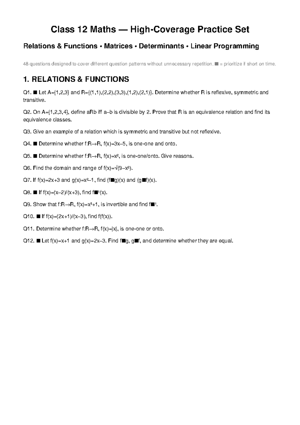 Class 12 Maths Practice Set: Relations, Functions, Matrices & Linear ...