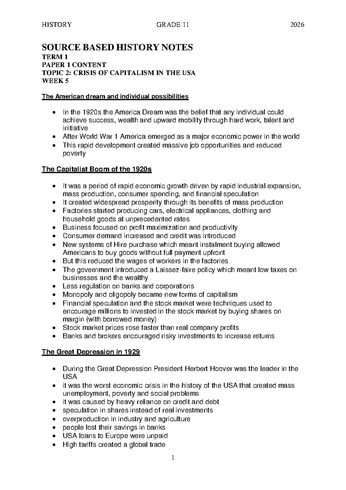 HISTORY GRADE 11 2026 SOURCE BASED NOTES: CRISIS OF CAPITALISM & NEW ...