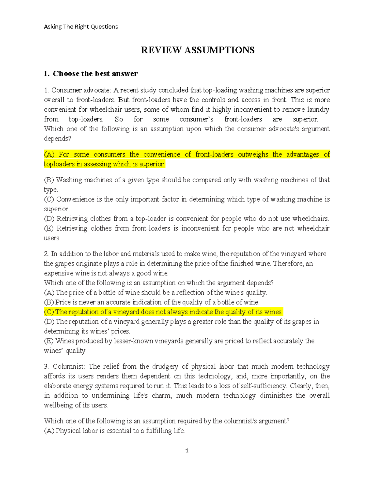 Asking The Right Questions: Assumptions Review for MCQs - Studocu