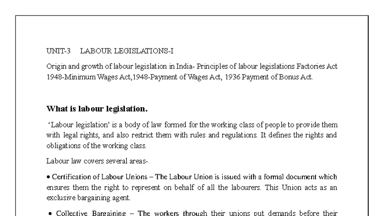 IRLL Unit 3: Overview of Labour Legislation and Key Acts - Studocu