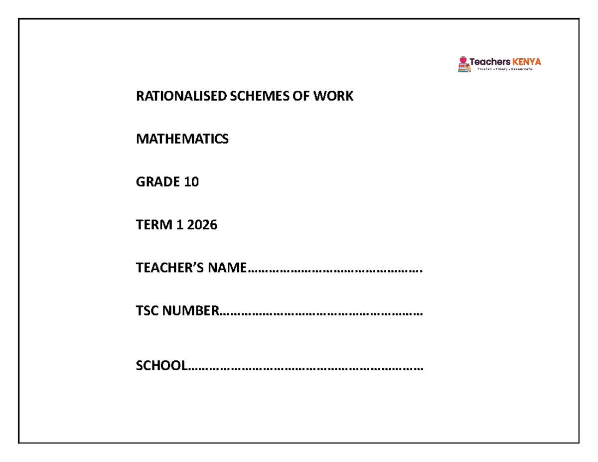 TERM 1 2026 GRADE 10 MATH SCHEMES OF WORK & LEARNING OUTCOMES - Studocu