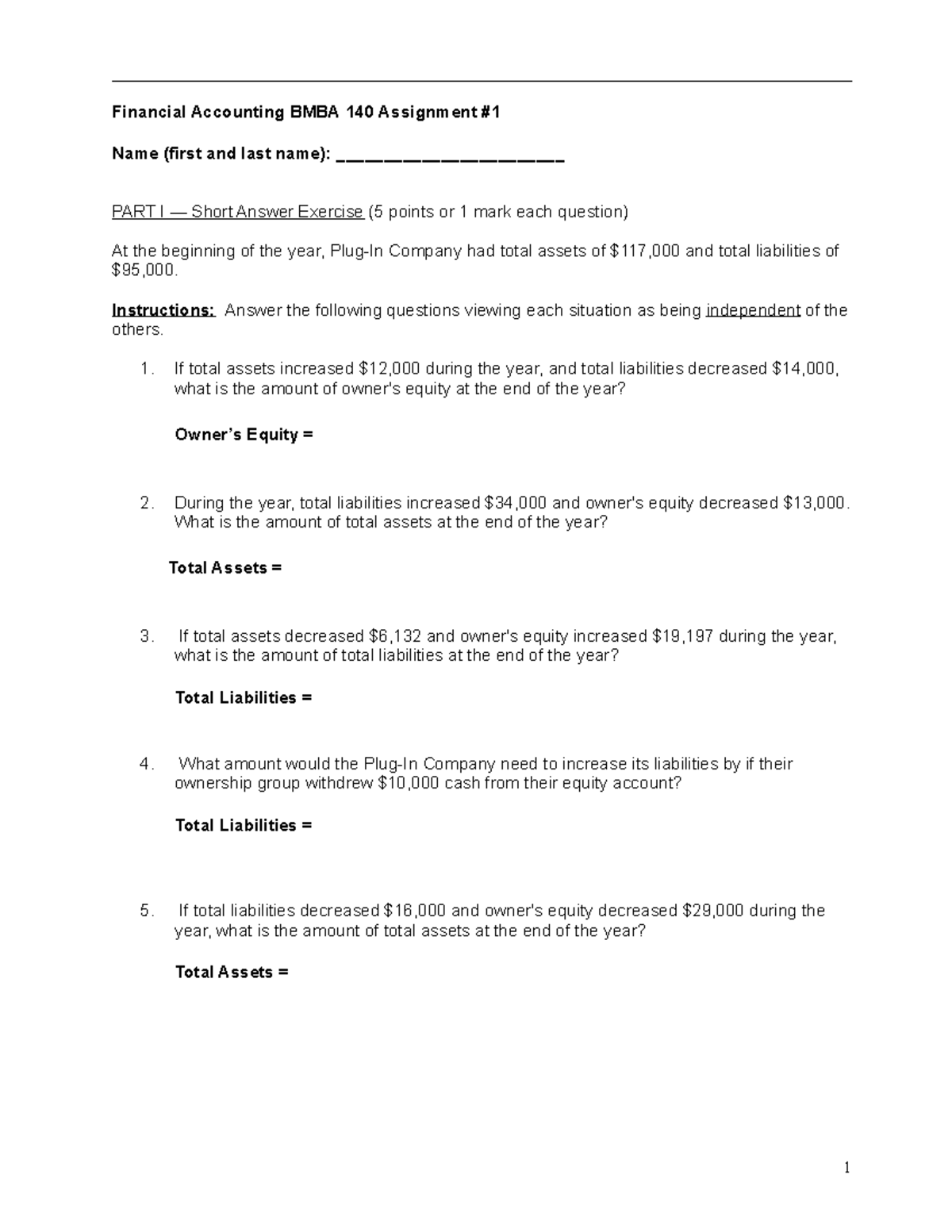 Financial Accounting BMBA 140: Short Answer & Journal Entries ...