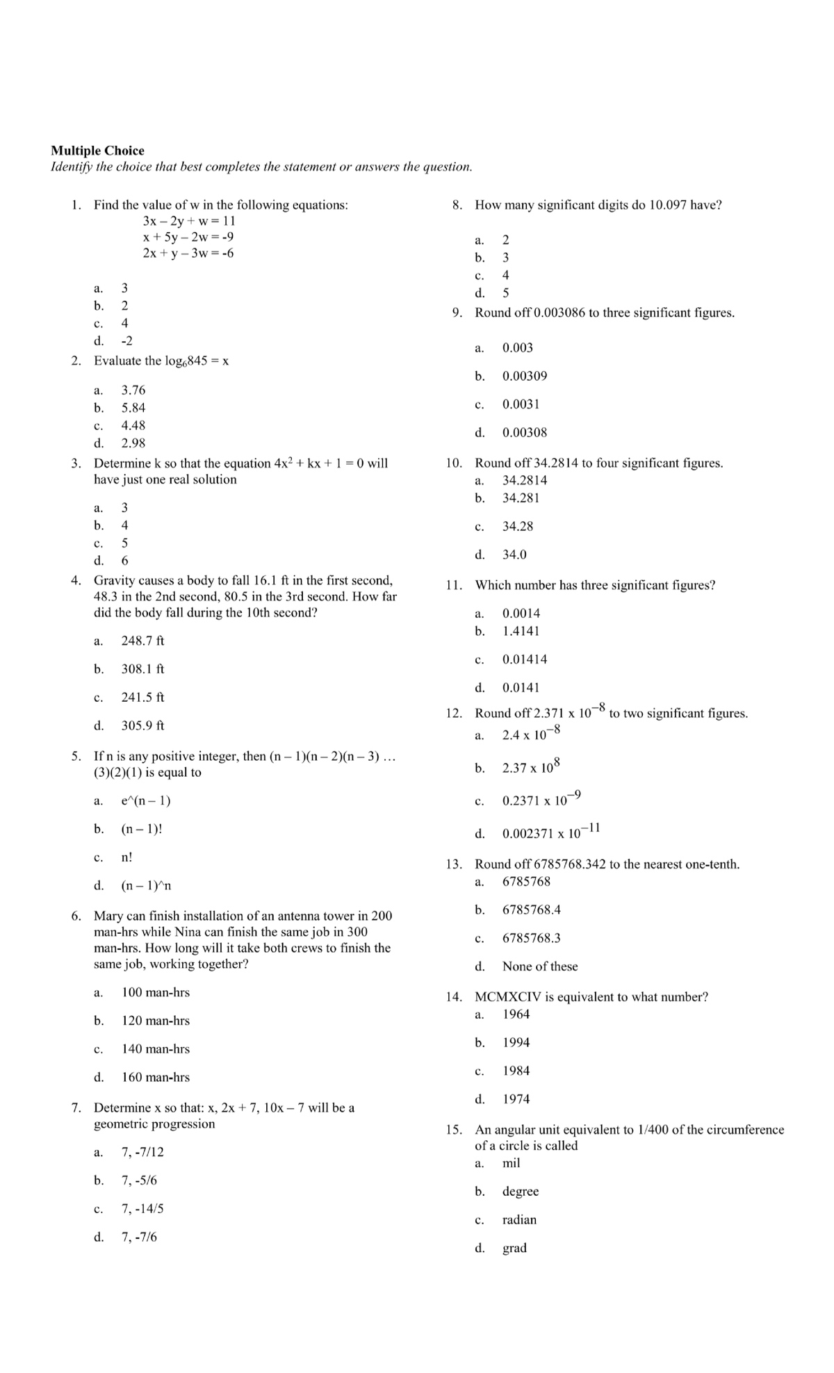 Pre-Calculus Problems - Multiple Choice Identify the choice that best ...