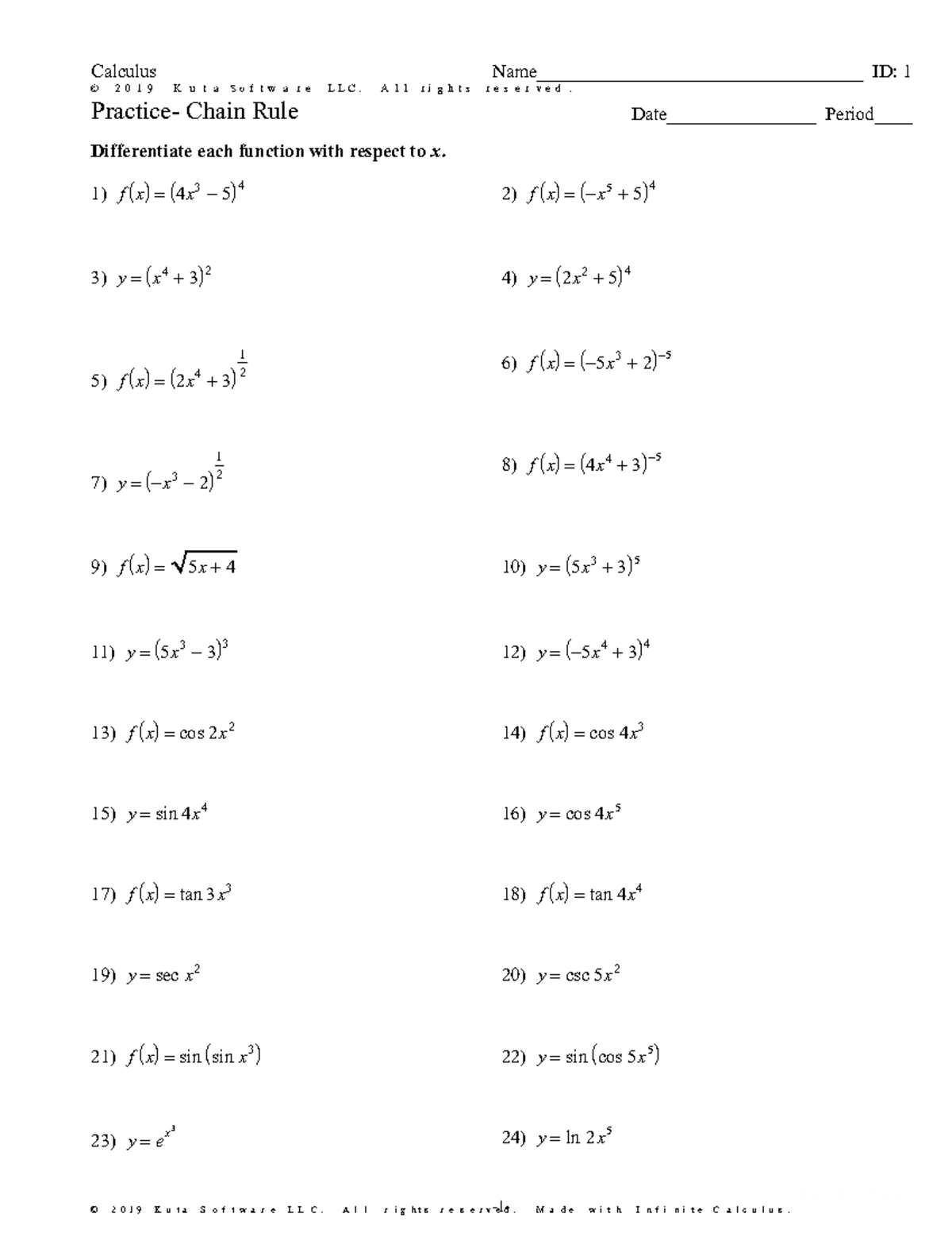 Calculus ID: Practice Worksheet on Chain Rule Differentiation - Studocu