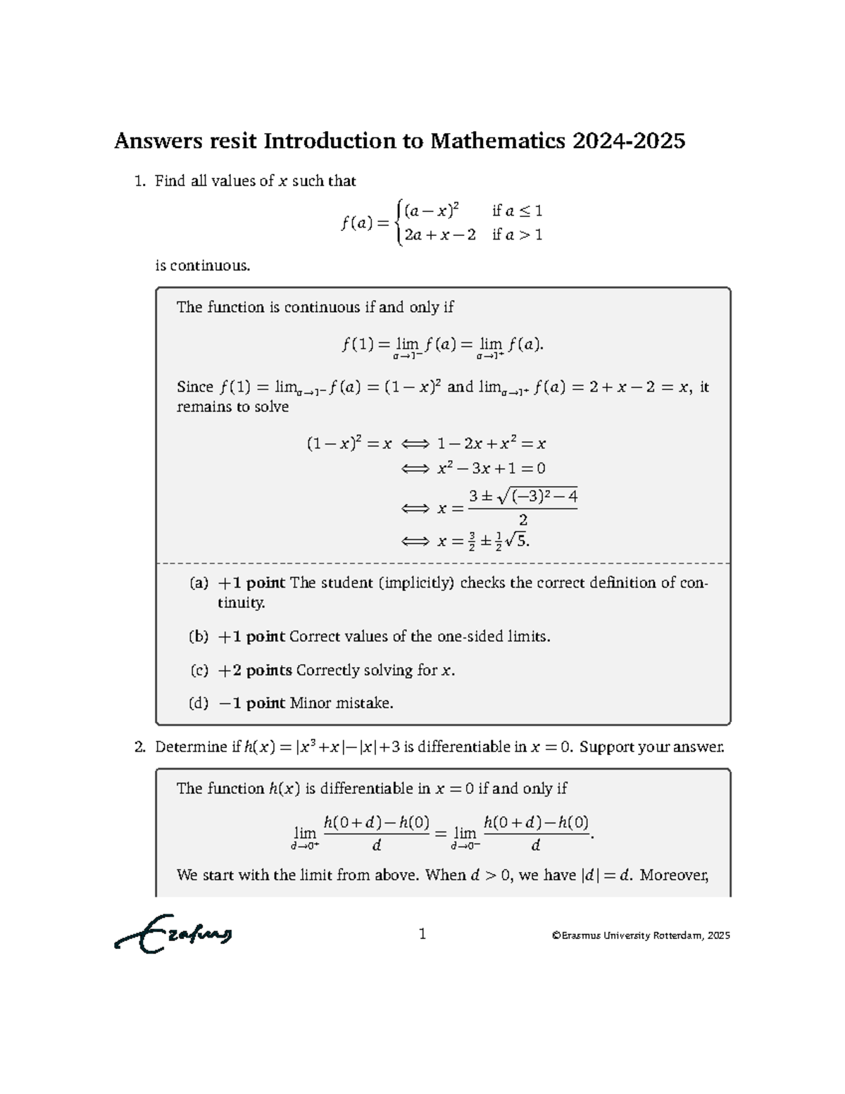 Answers Resit: Introduction to Mathematics (2024-2025) - Studeersnel