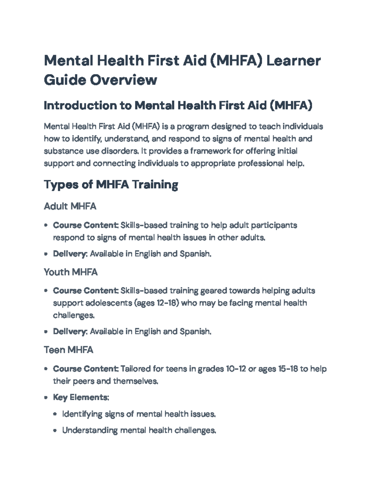 Mental Health First Aid (MHFA) Training Overview and Course Details ...