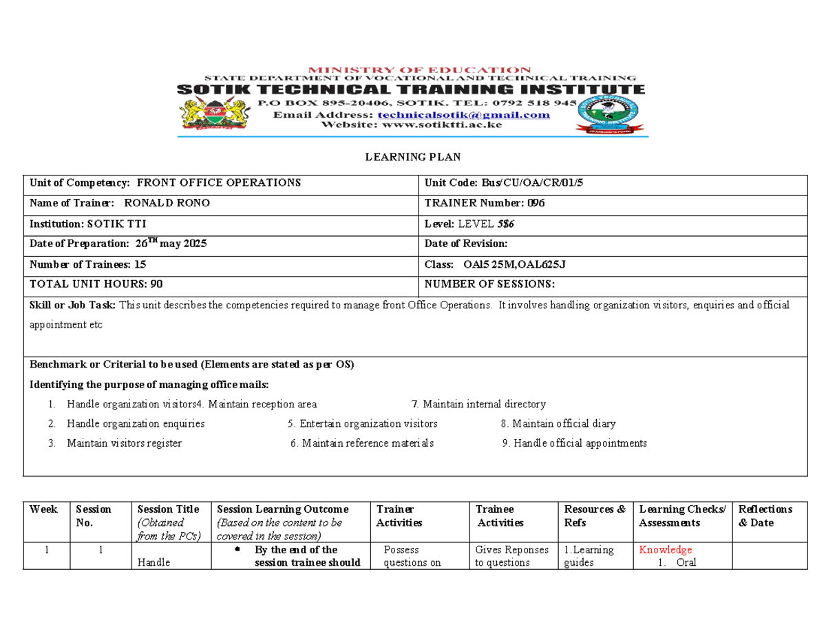 FOO Learning Plan: Front Office Operations Unit OAL525M - Studocu