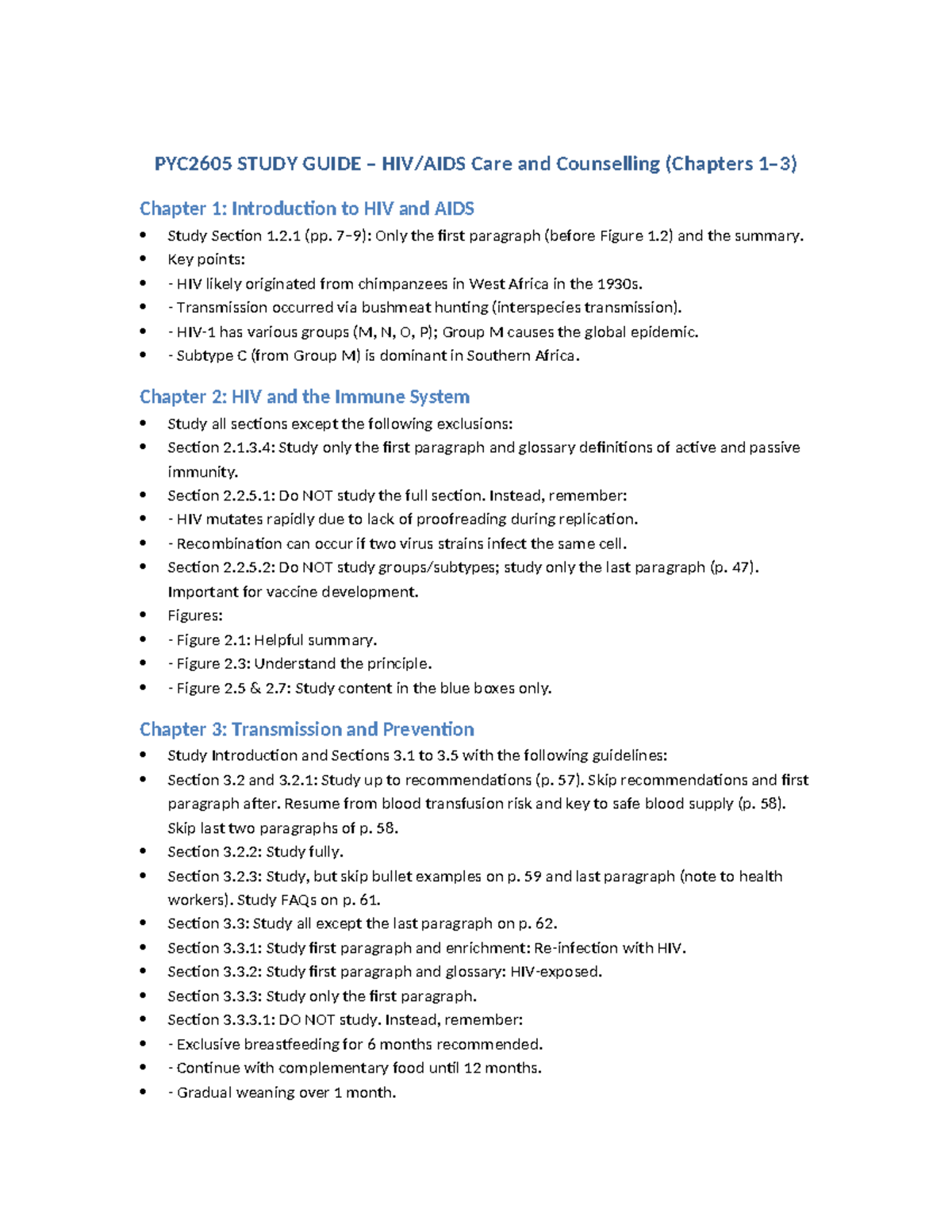 PYC2605 Study Guide: Care & Counselling on HIV/AIDS (Chapters 1-3 ...