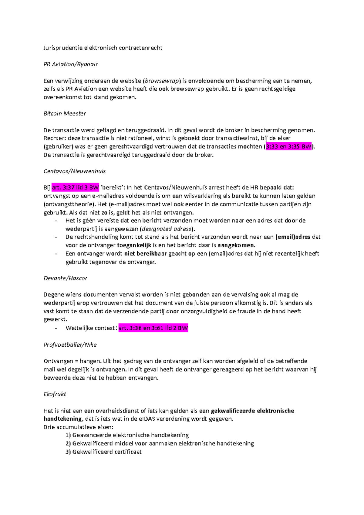 Arresten Elektronisch Contractenrecht en Rechtsregels (ECN-101) -  Studeersnel