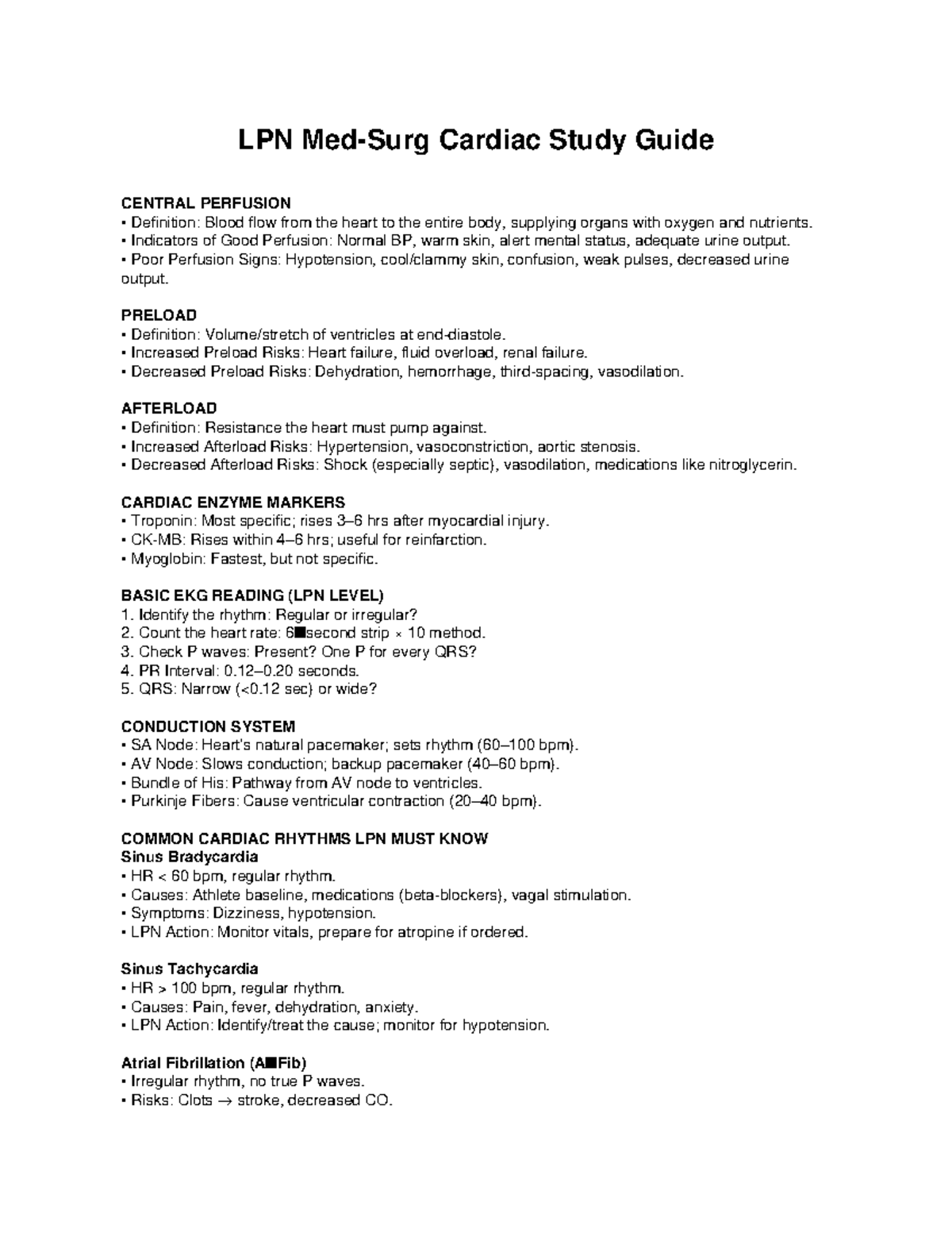 LPN Cardiac Study Guide: Central Perfusion & EKG Basics - Studocu