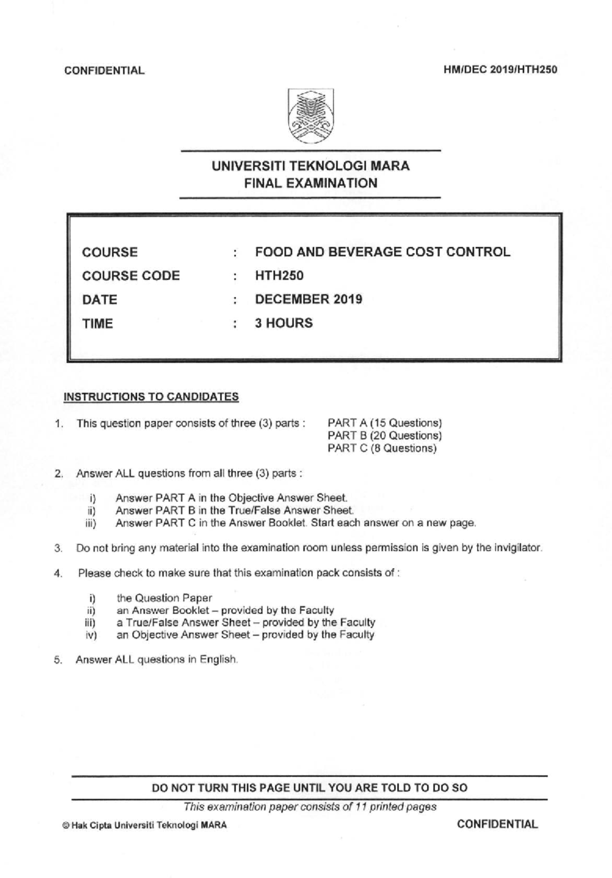 HTH250 - Final Exam Paper for Food & Beverage Cost Control - Studocu