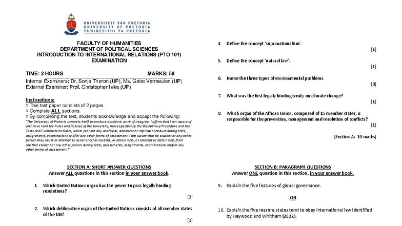 PTO 101 - International Relations Final Exam Sample (Nov 2023) - Studocu