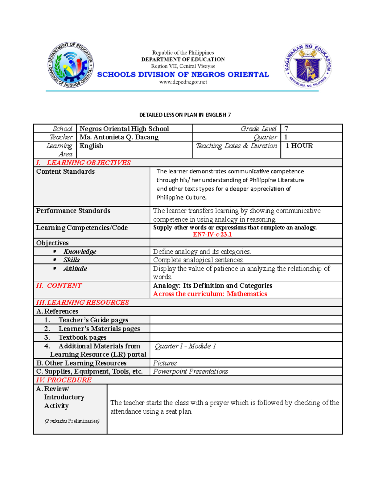 DLP-COT Q1 Eng7 Detailed Lesson Plan on Analogy & Its Categories - Studocu