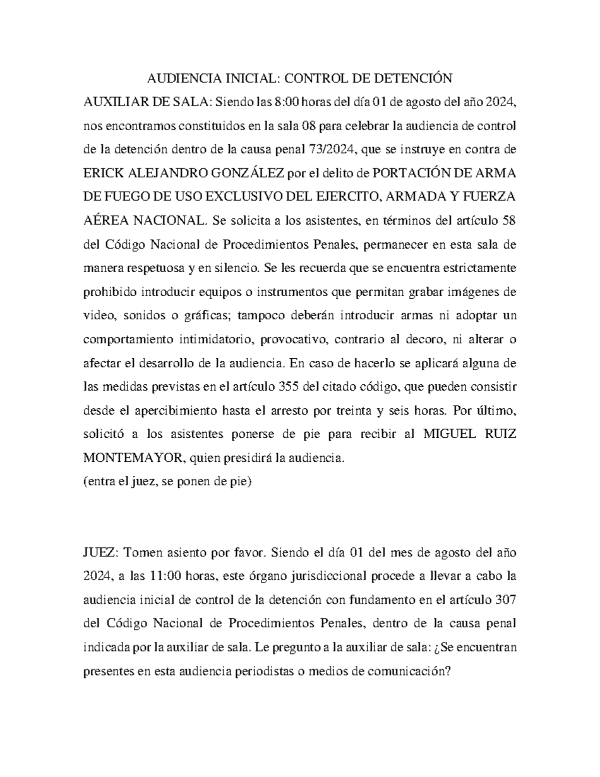 Control de Detención en Audiencia Inicial - Causa Penal 73/2024 - Studocu