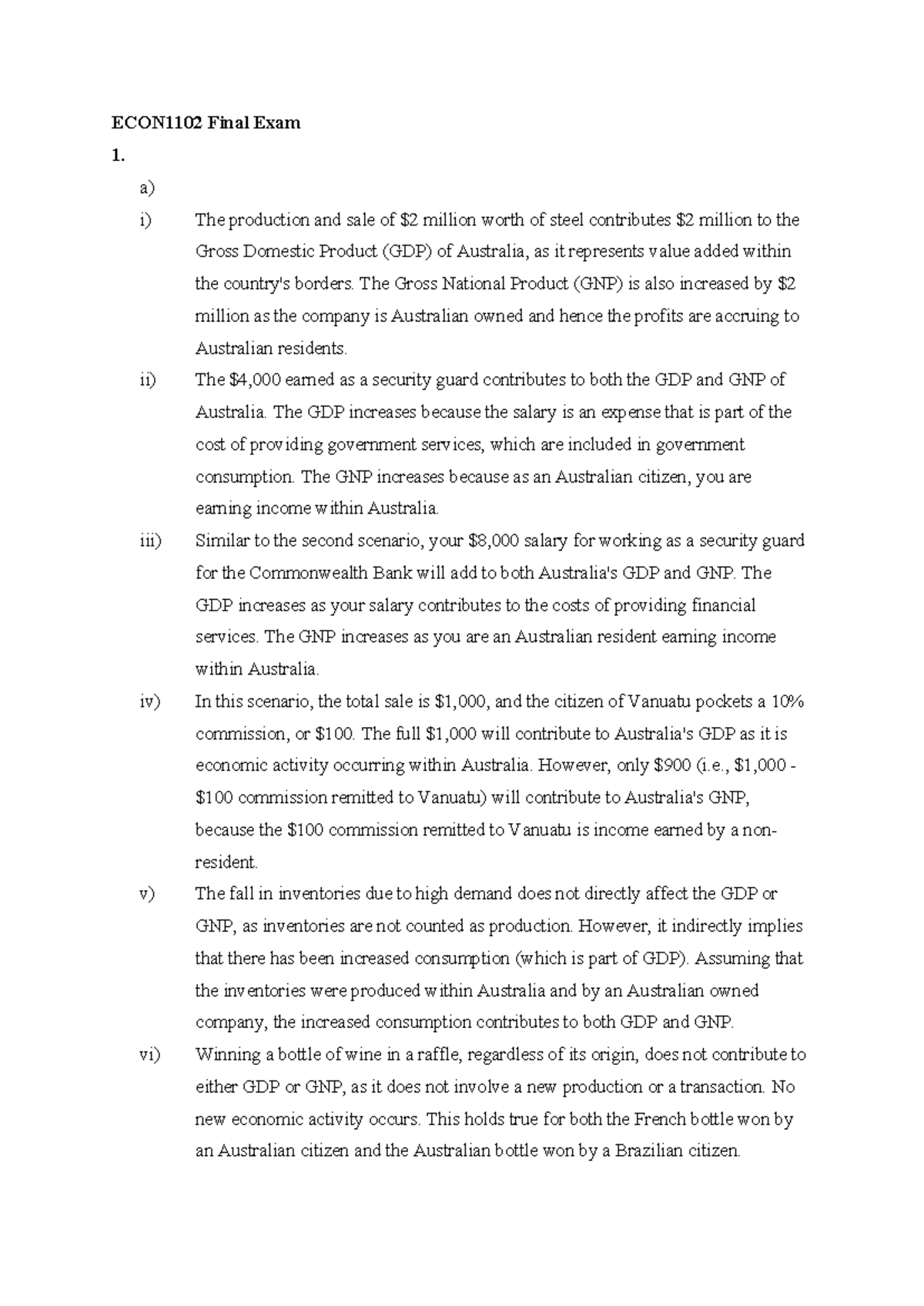 ECON1102 Final Exam: GDP, GNP, and Economic Policy Analysis - Studocu