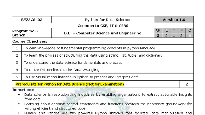 BE23CS403 Final Exam: Python for Data Science Overview and Concepts ...