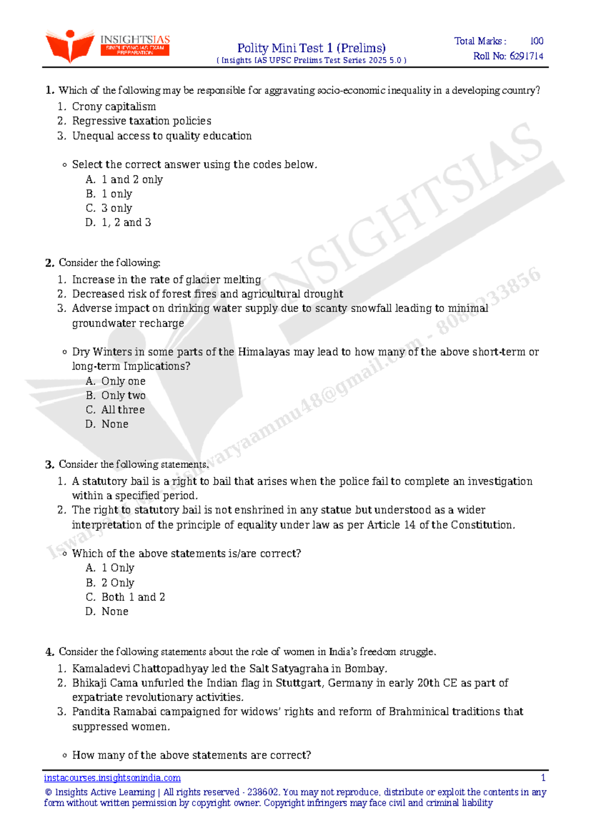 Polity Mini Test 1 (Prelims) - Insights IAS UPSC Test Series 2025 - Studocu