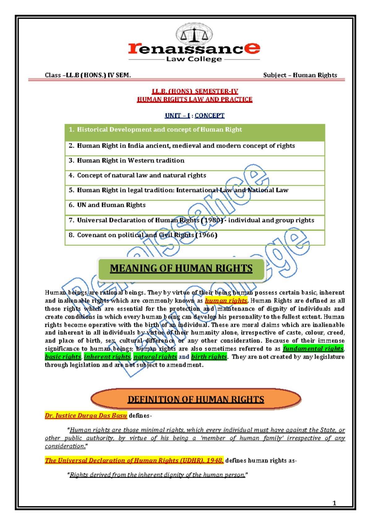 LL.B. SEM-IV Human Rights Law: Notes & Question Papers Overview - Studocu