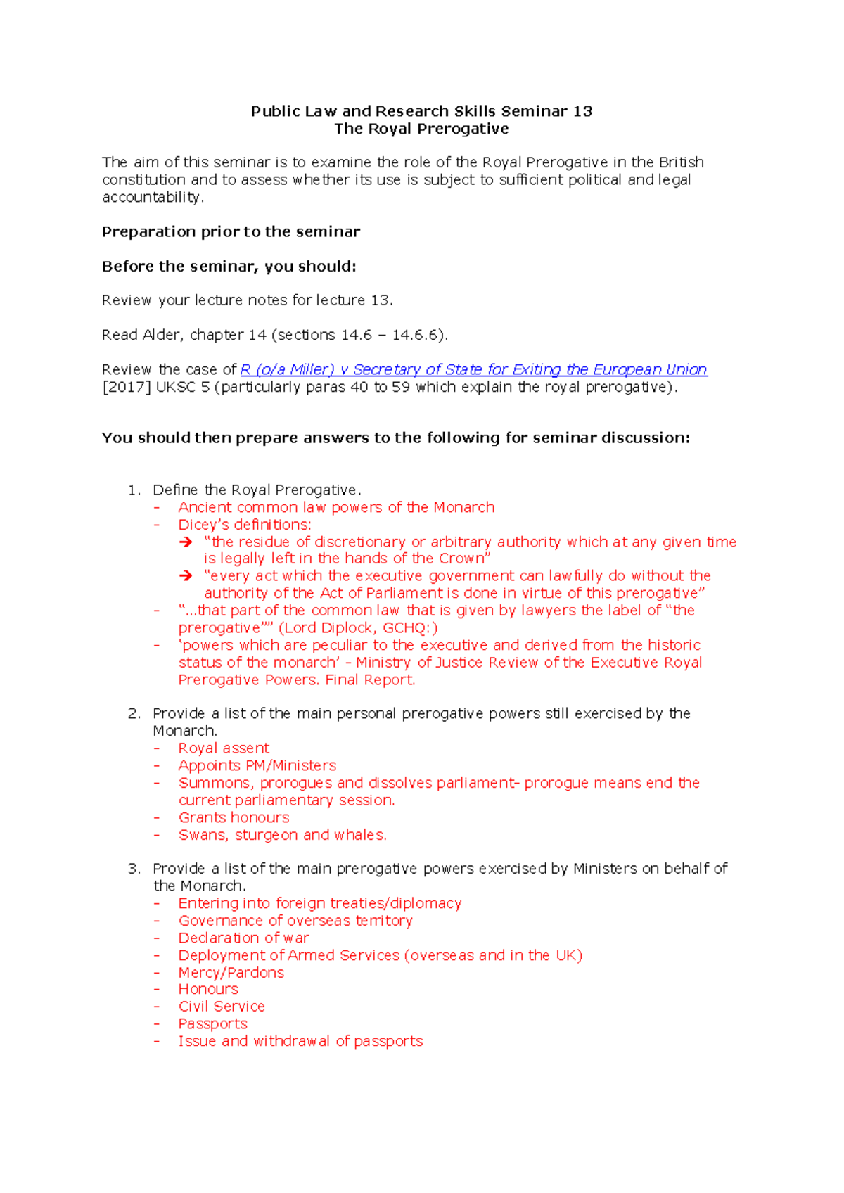 Public Law Seminar 13: The Royal Prerogative and Its Role - Studocu