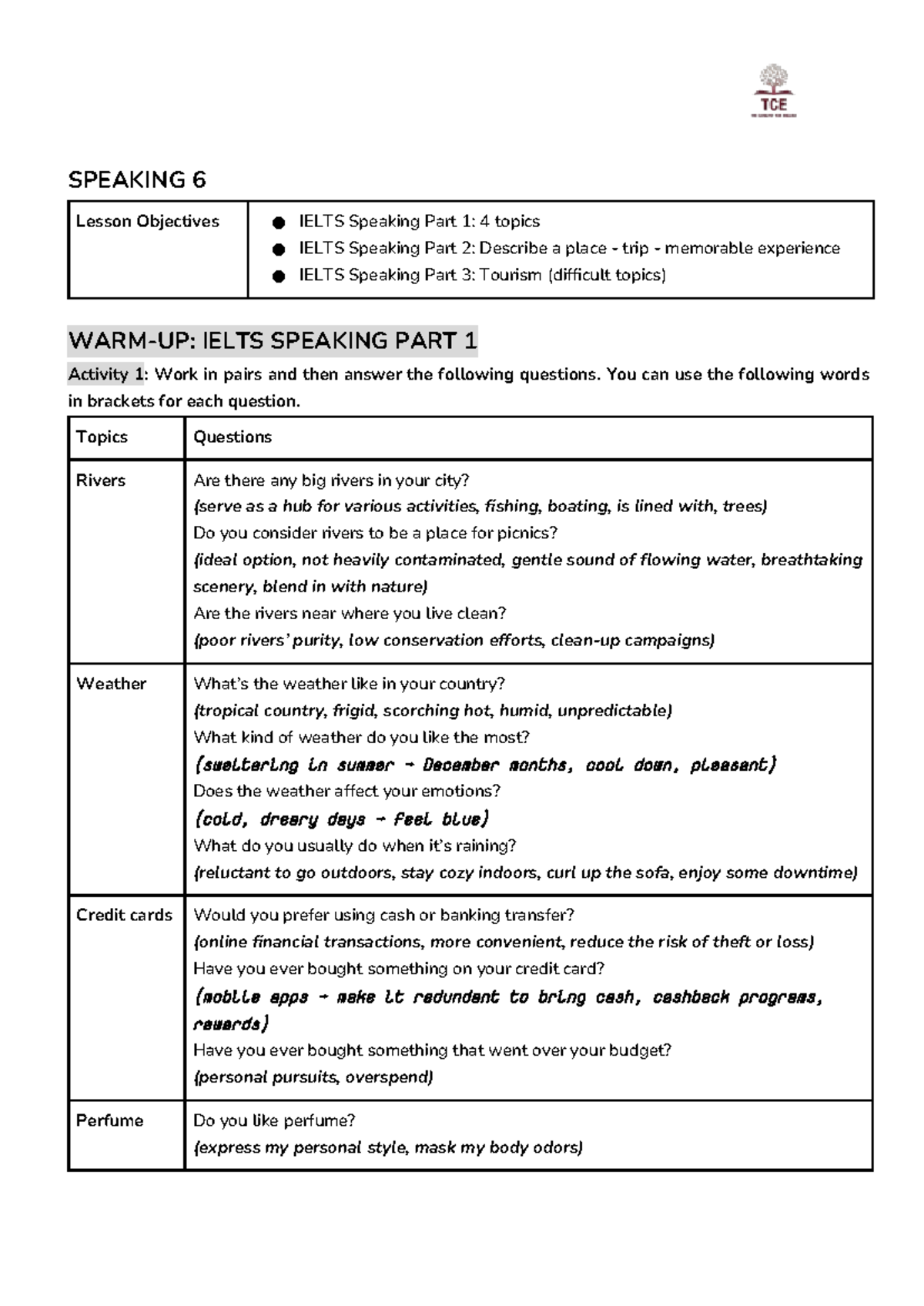 SPEAKING 6 Lesson Objectives: IELTS Speaking Part 1 & 2 Guide - Studocu