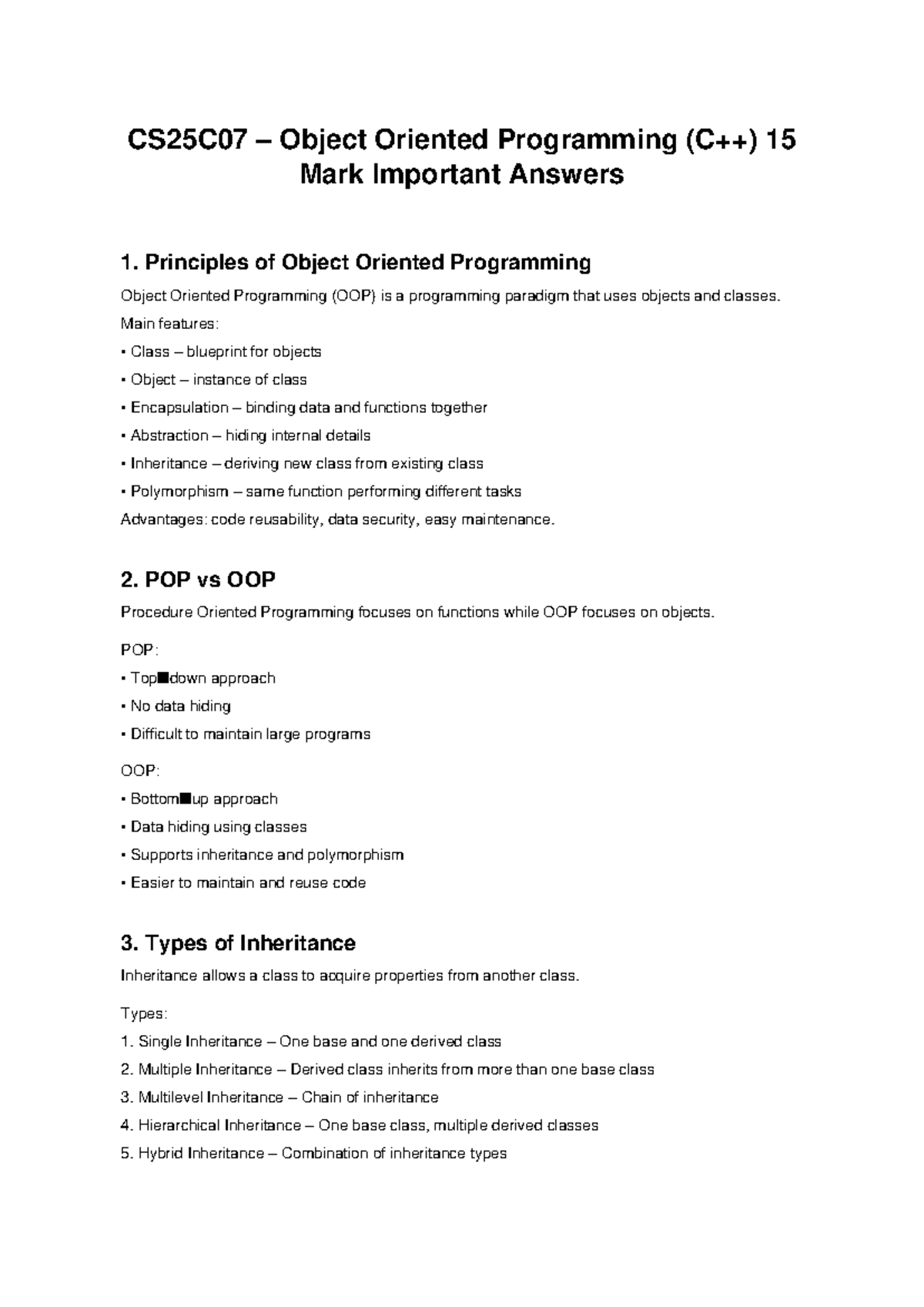CS25C07 OOP 15 Mark Important Concepts and Answers - Studocu