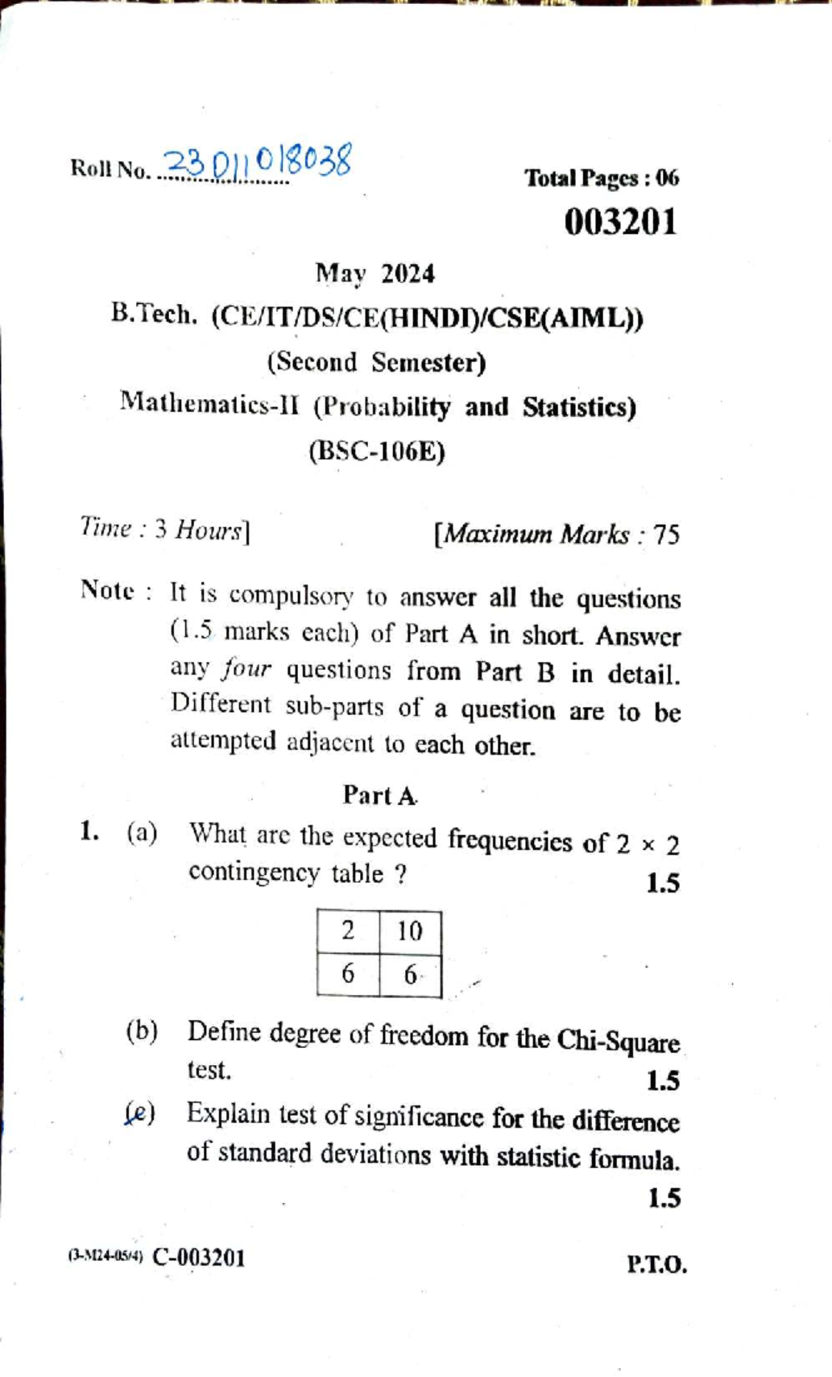 B.Tech. (2nd Sem) M2 May 2024 Probability & Statistics Ques Paper - Studocu
