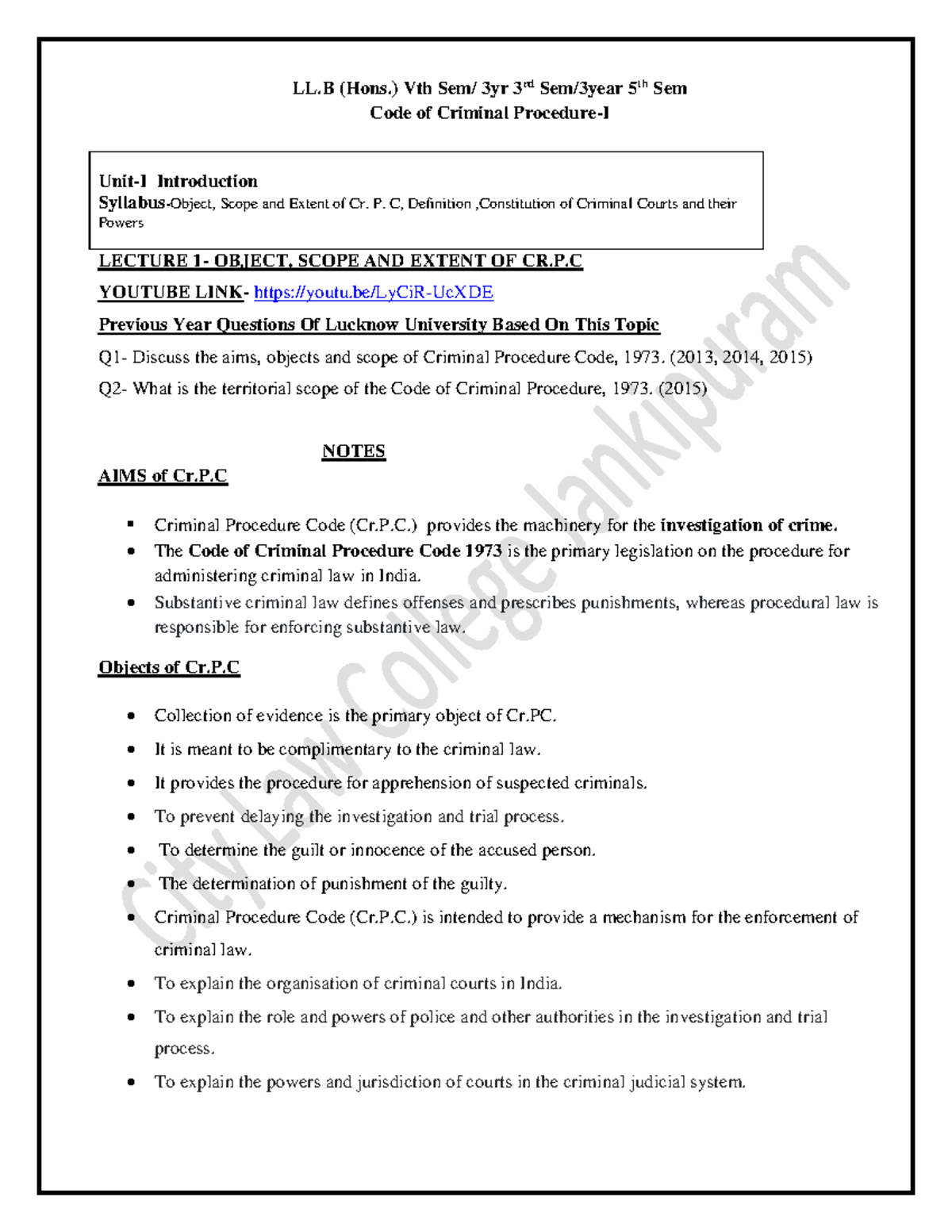 Law Notes: Cr.P.C. Overview & Key Topics for Integrated Law Courses ...