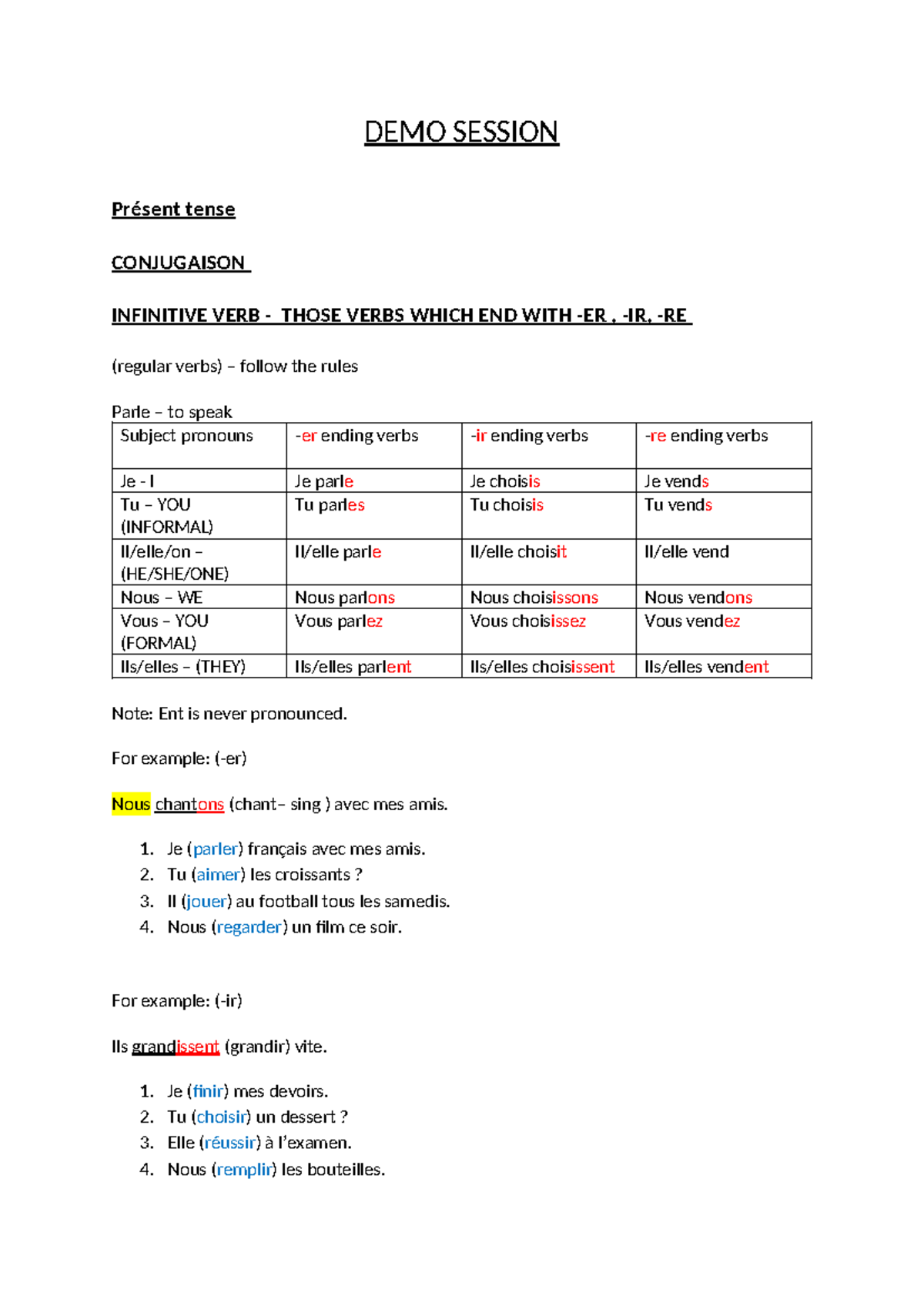 DEMO Session - Présent Tense Conjugation of Regular Verbs - Studocu