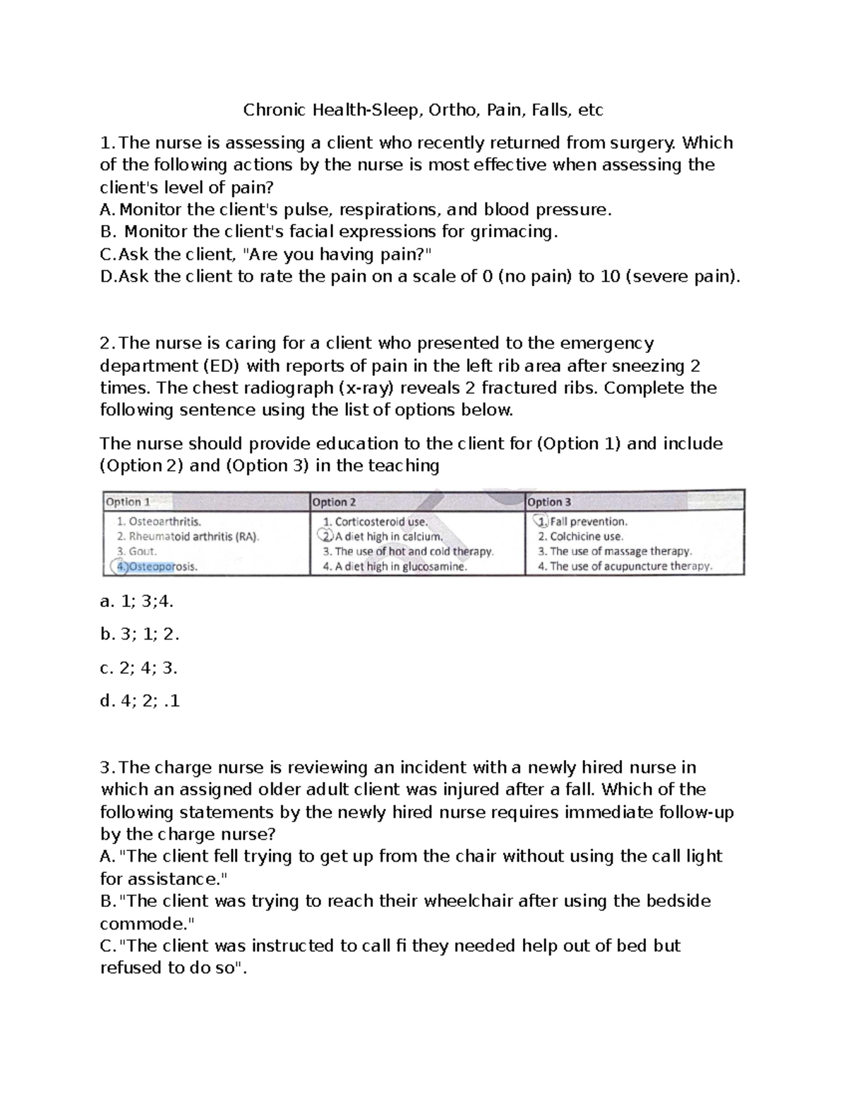 NUR 101: Chronic Pain and Fall Risk Assessment Practice Questions - Studocu
