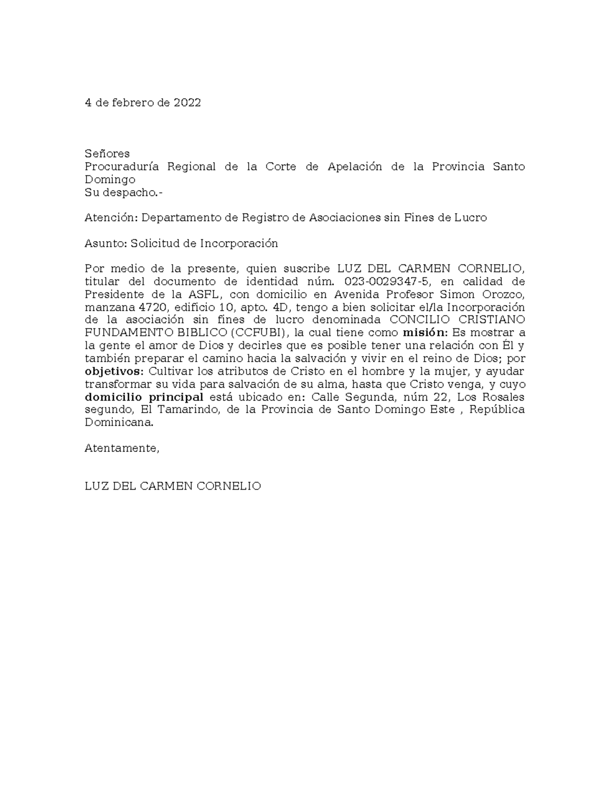 Solicitud de Incorporación de ASFL - Concilio Cristiano CCFUB - Studocu
