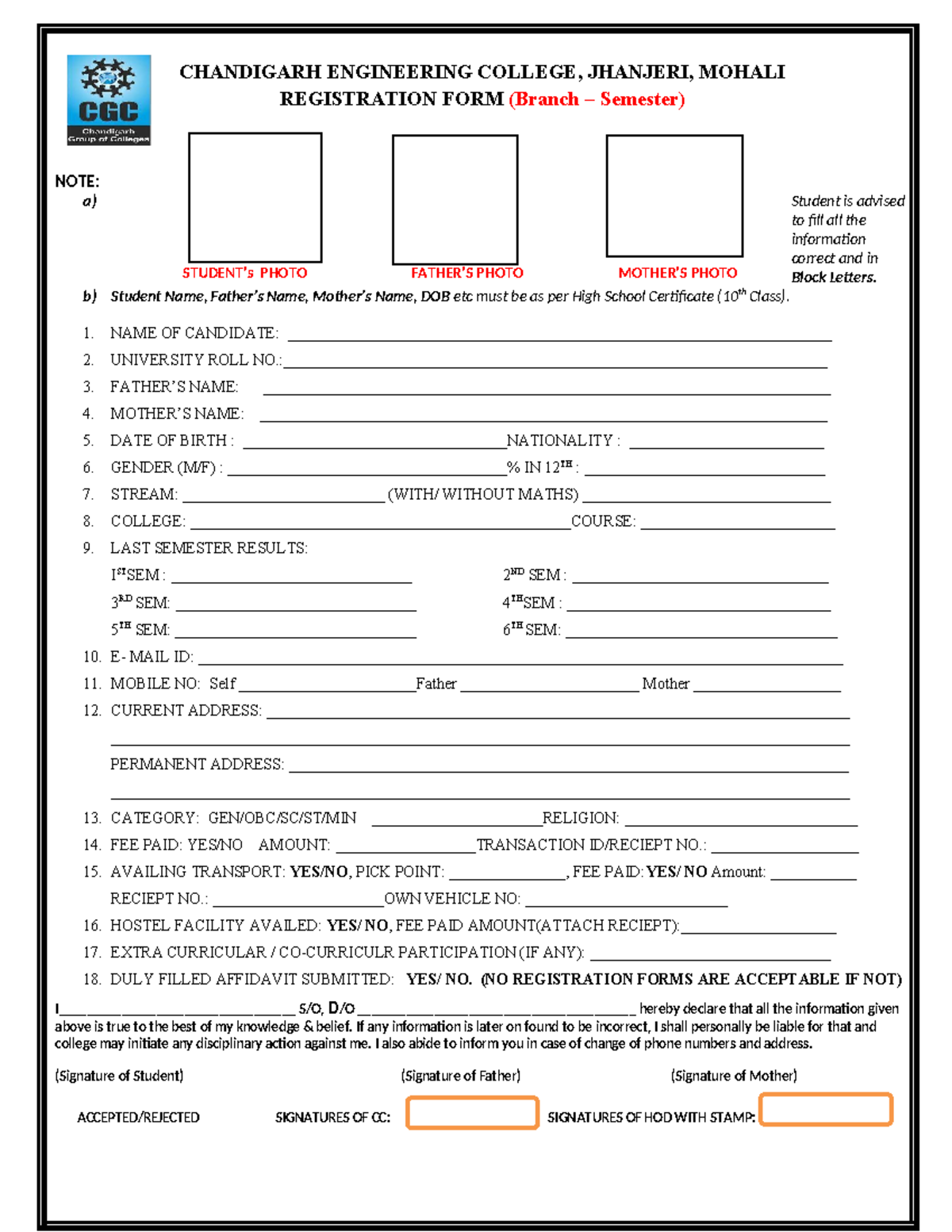 Registration Form CGC - CHANDIGARH ENGINEERING COLLEGE, JHANJERI ...