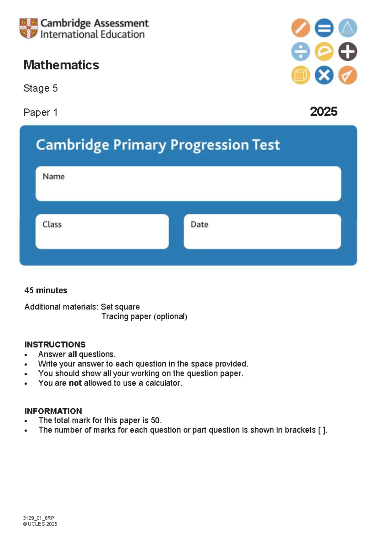 Mathematics Stage 5 Paper 1 - 2025 Exam Questions and Instructions ...