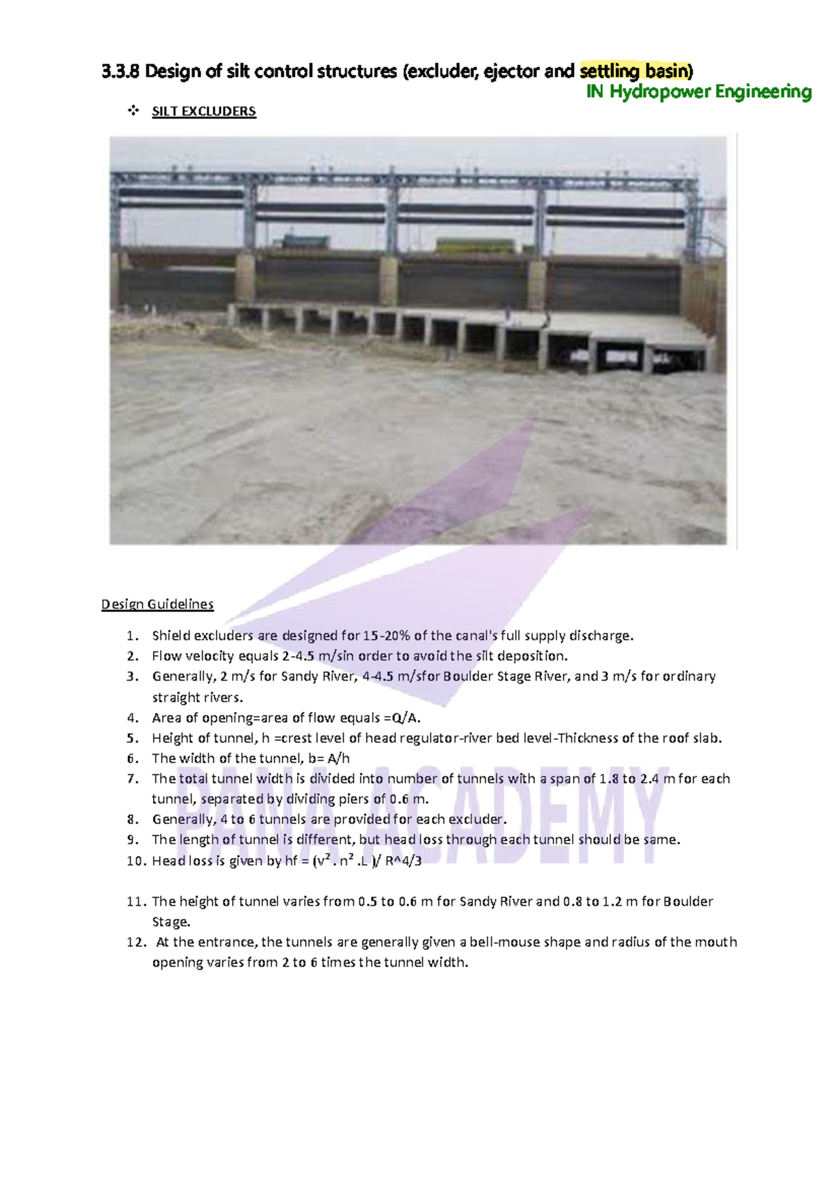 3.3.8 Design Guidelines for Silt Control Structures in Hydropower - Studocu