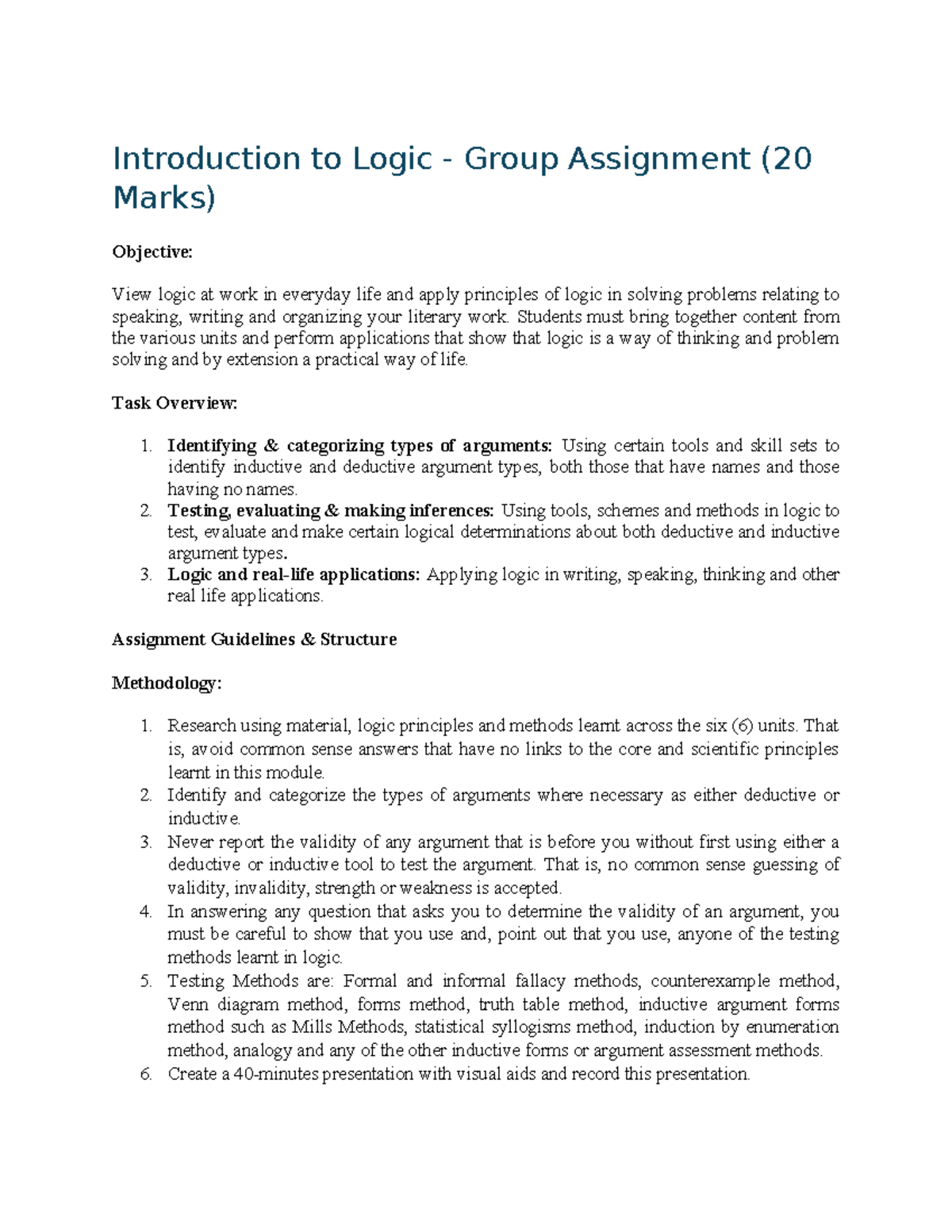 Introduction to Logic - Group Assignment (Logic 101) - Studocu