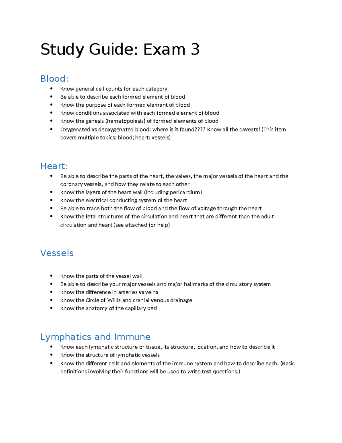 Study Guide for Exam 3: Blood, Heart, Vessels & Immune System - Studocu