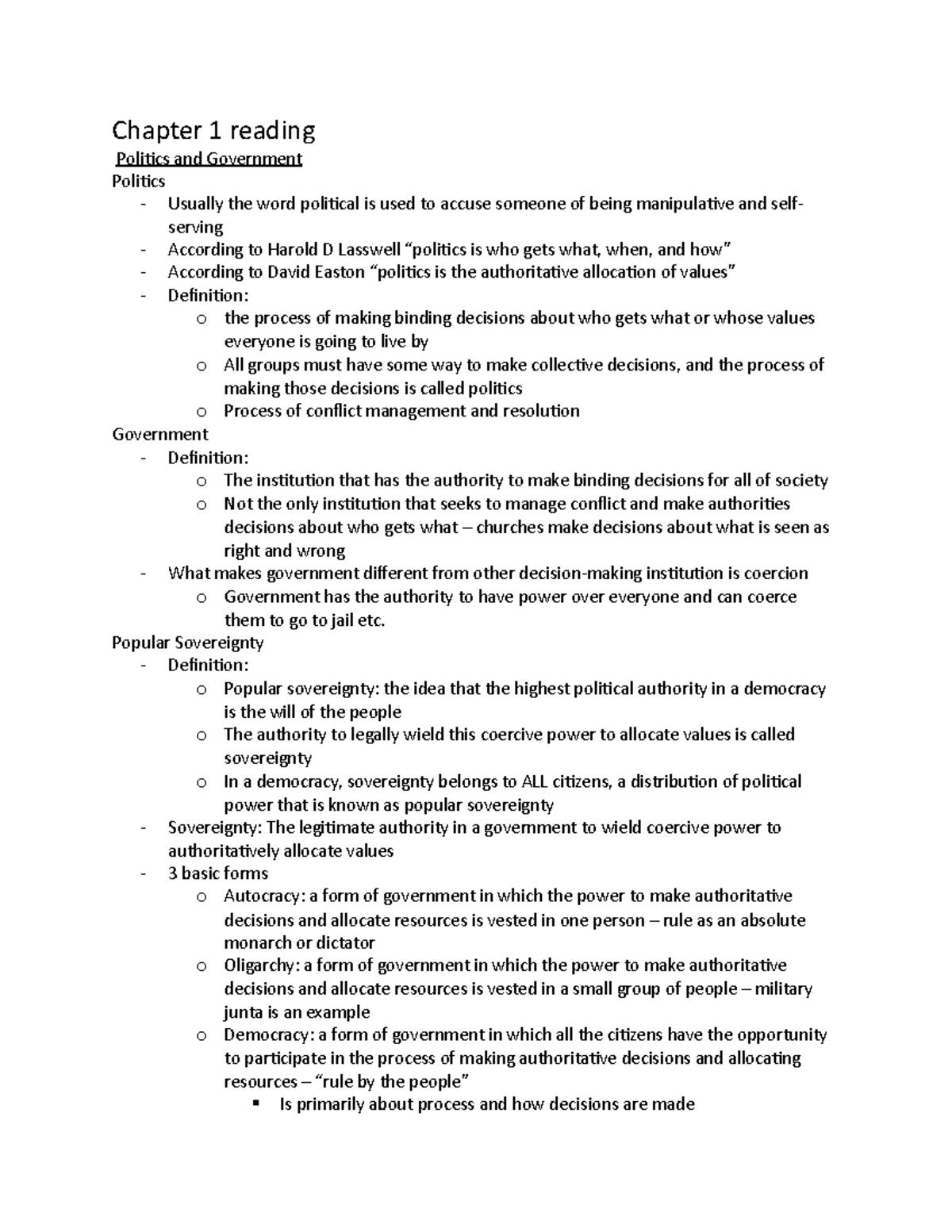 Textbook notes - Chapter 1 reading Politics and Government Politics ...