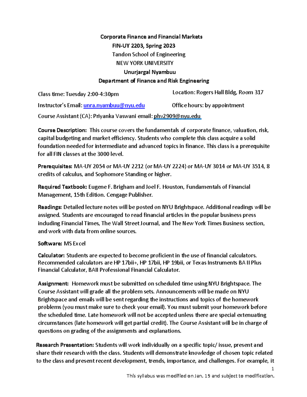 FIN 2203 Syllabus - This course covers the fundamentals of corporate ...