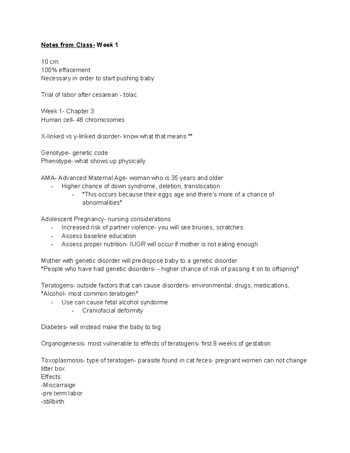 Week 1 - OB - Lecture Notes on Pregnancy & Genetics - Studocu
