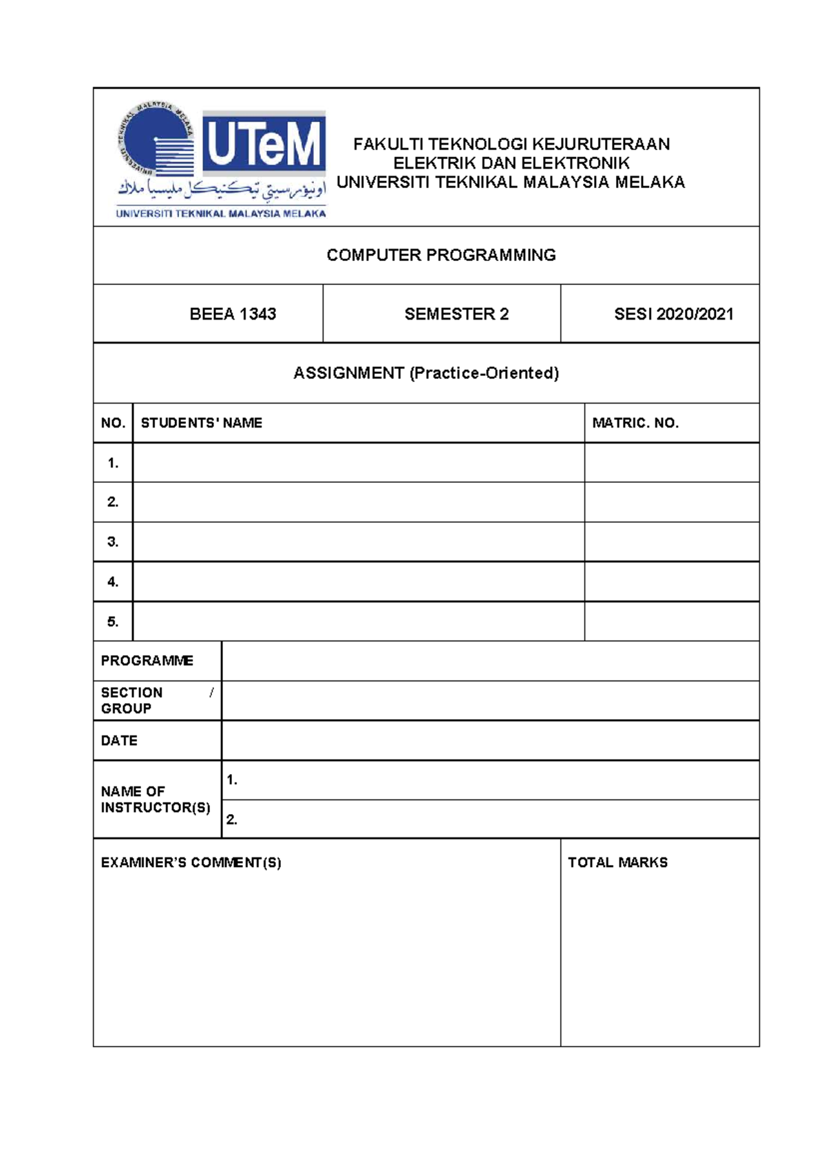BEEA 1343 Semester 2 Group Assignment Guidelines for C++ Programming ...