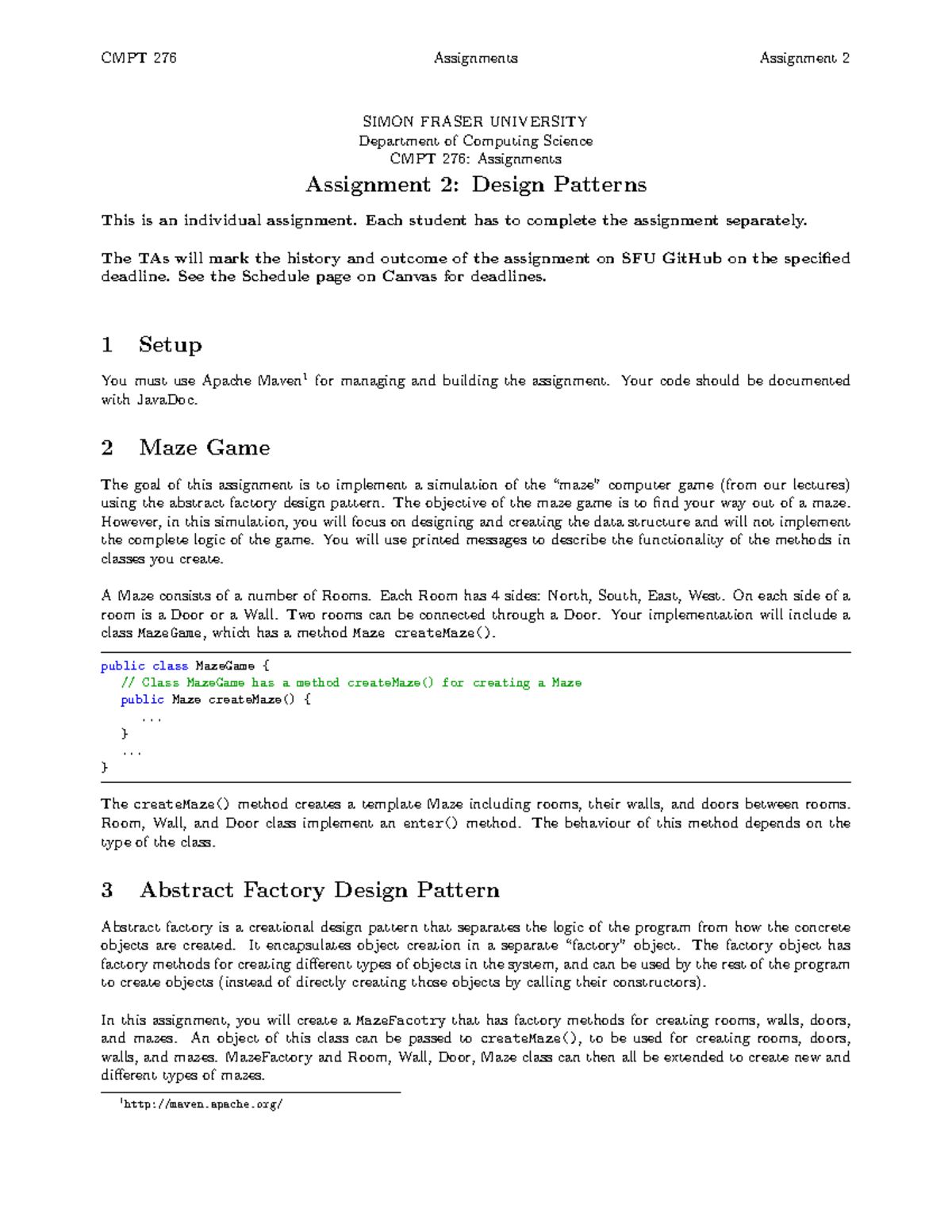 CMPT 276 Assignment 2: Abstract Maze Factory Design Patterns - Studocu