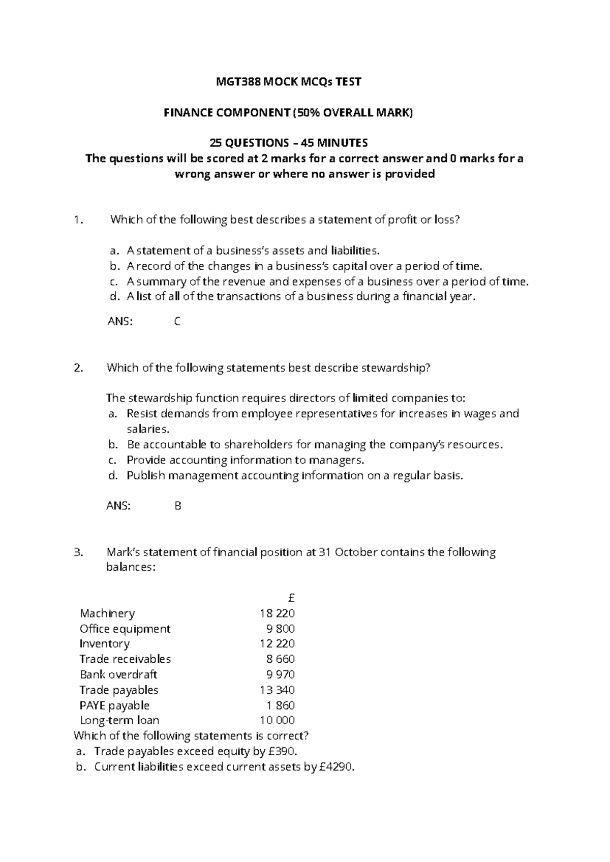 MGT388 Mock MCQs Test Answers - Finance Component Review - Studocu