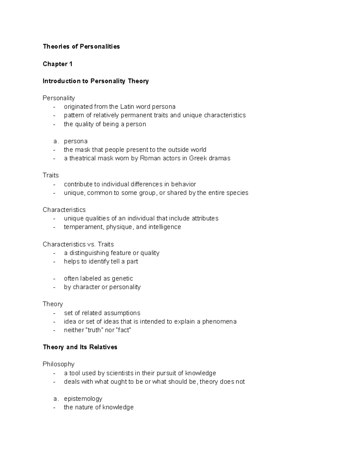 TOP Chapter 1 - Summary Theories of Personality - Theories of ...
