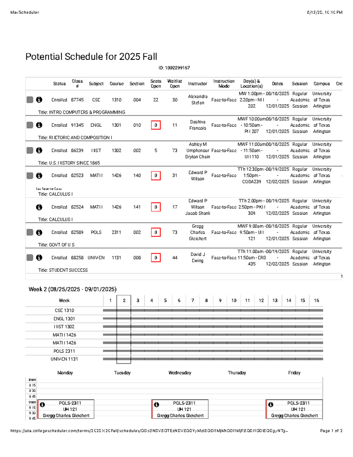 MavScheduler 2025 Fall Potential Class Schedule ID: 1002299167 - Studocu