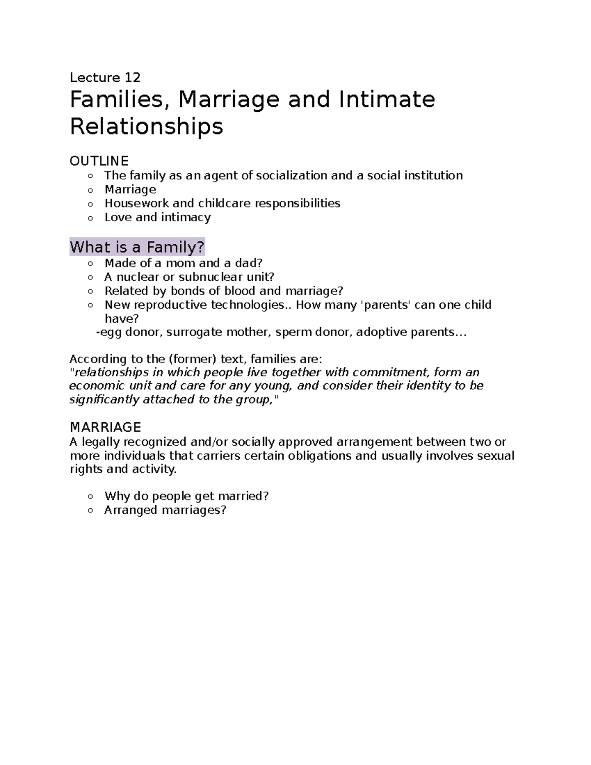 SOC 1101 - Lecture 12 - Lecture 12 Families, Marriage and Intimate ...