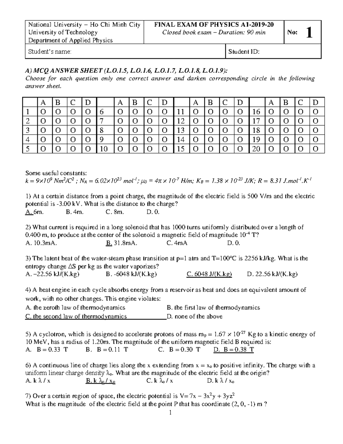 Final Exam PHYS 101 - National University HCMC - Studocu