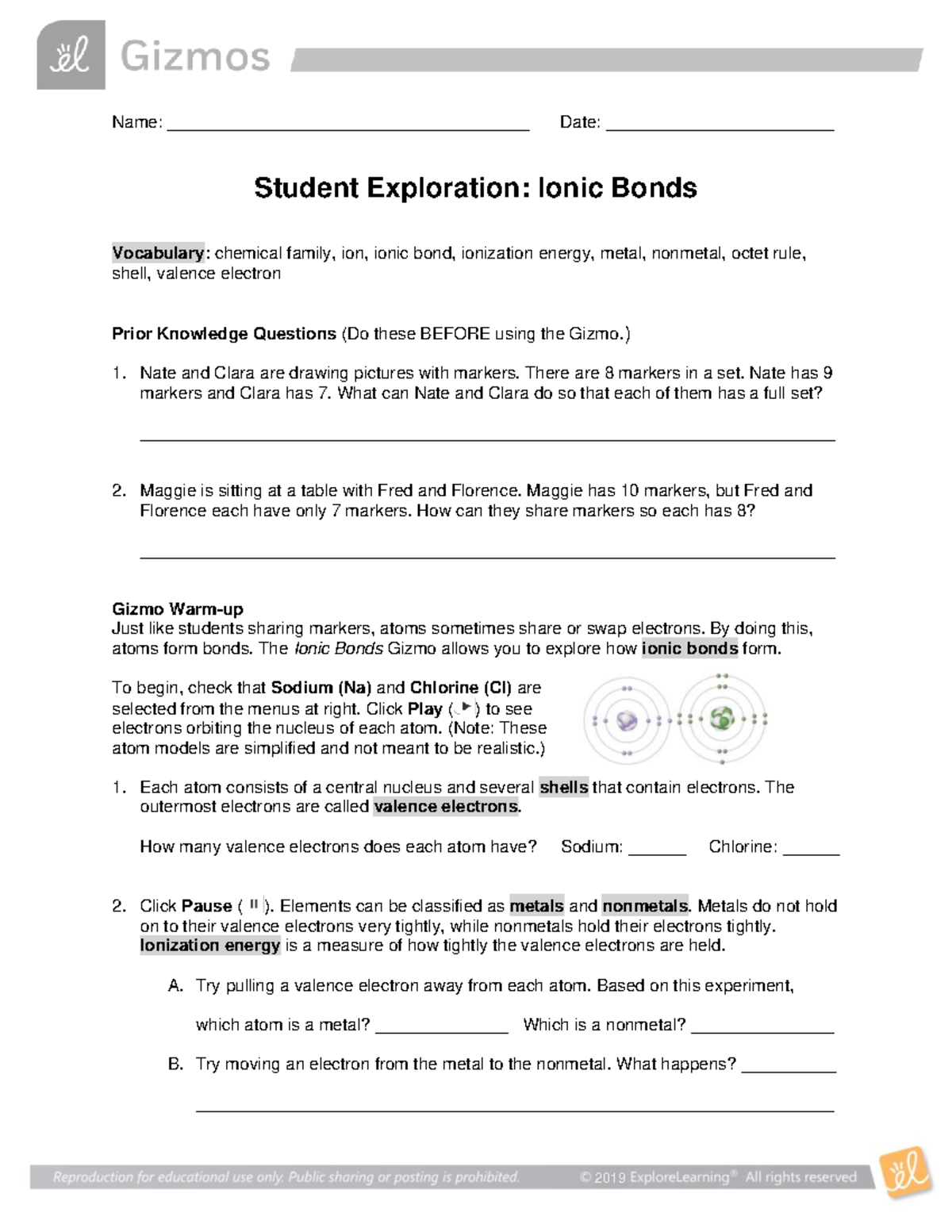 Ionic Bonds Exploration SE - Key Concepts and Activities - Studocu
